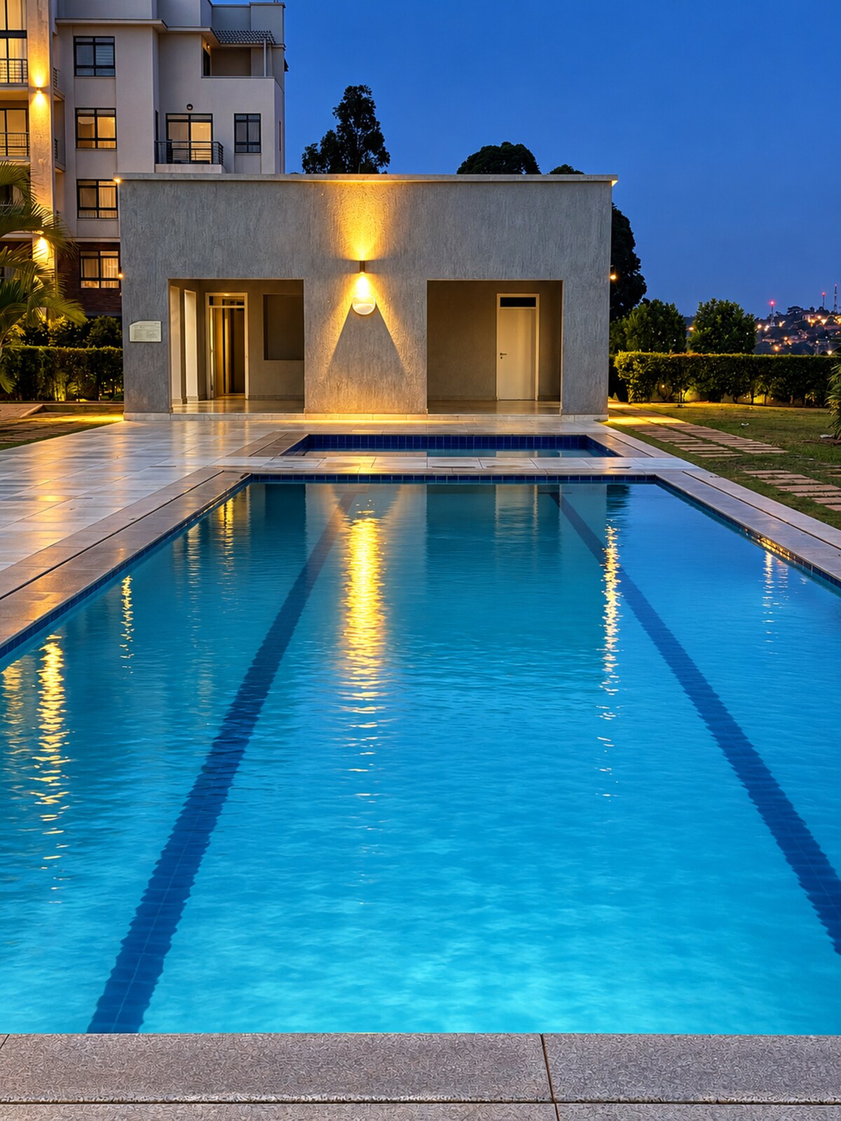 Communal pool illuminated in the evening